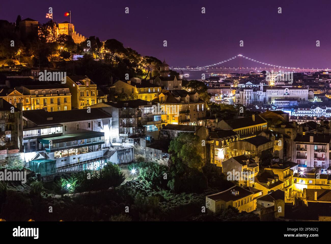 Aerial view of Lisbon at night, Portugal. Sao Jorge Castle Stock Photo