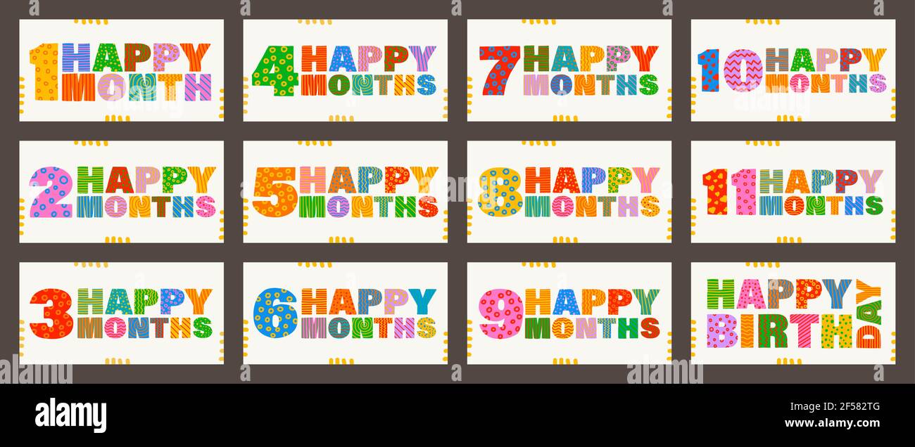 Happy first month, 1, 2, 3, 4, 5, 6, 7, 8, 9, 10, 11. Handwritten greeting lettering. Happy birthday, kids multicolor lettering. Vector, set of Stock Vector