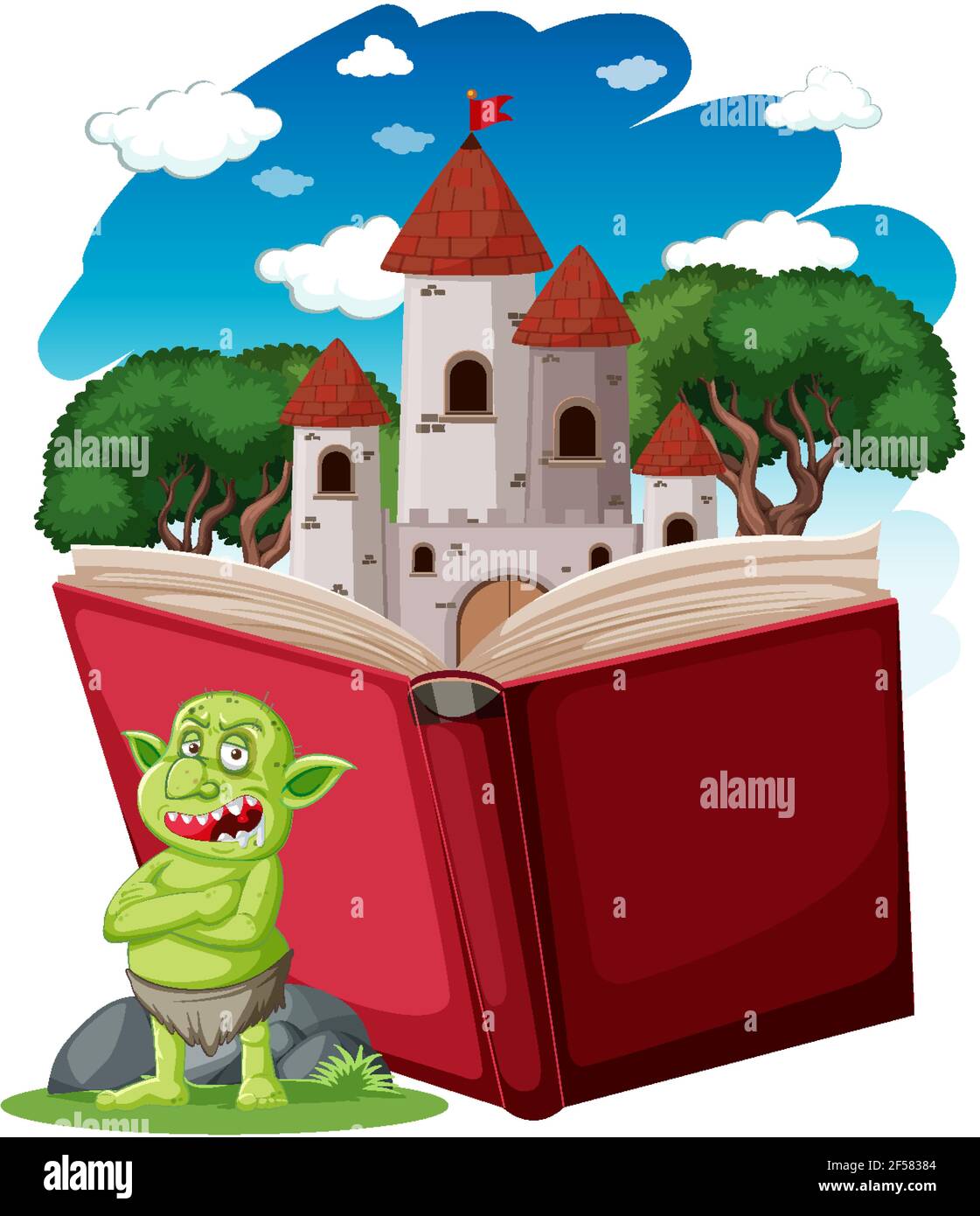 Goblin or troll cartoon character with a story book illustration Stock Vector