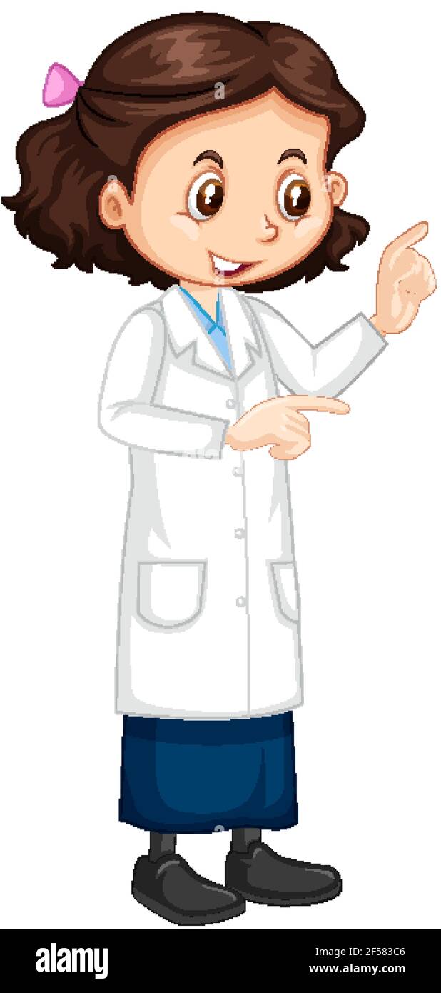 Cute girl cartoon character wearing science lab coat illustration Stock