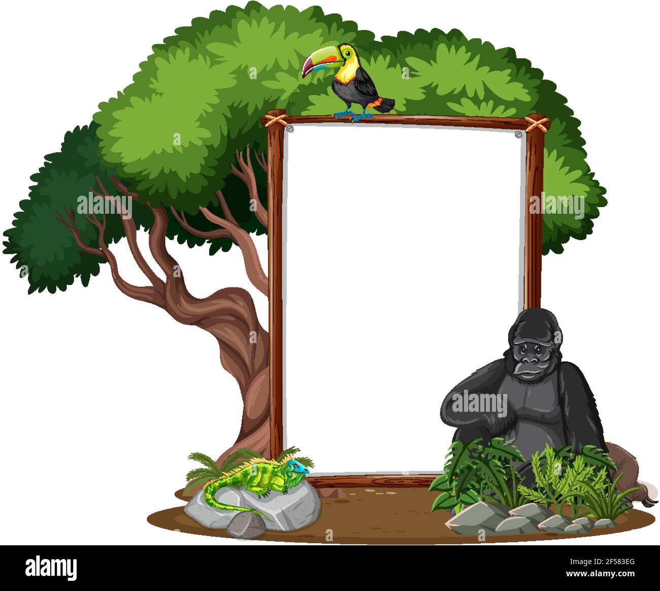 Empty banner with wild animals and rainforest trees on white background ...