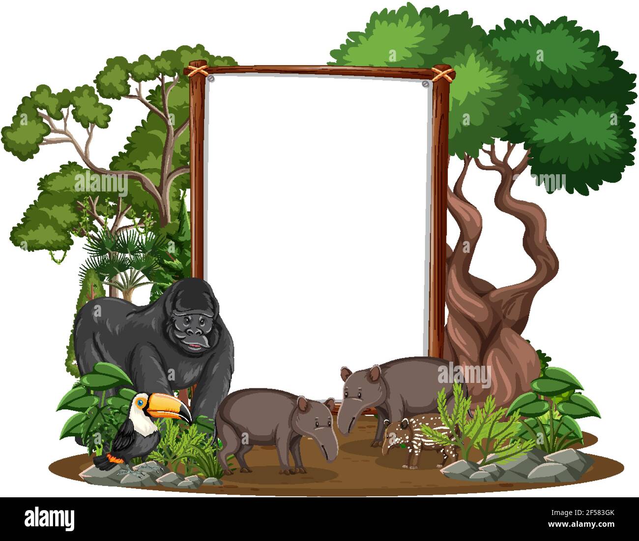 Empty banner with wild animals and rainforest trees on white background ...