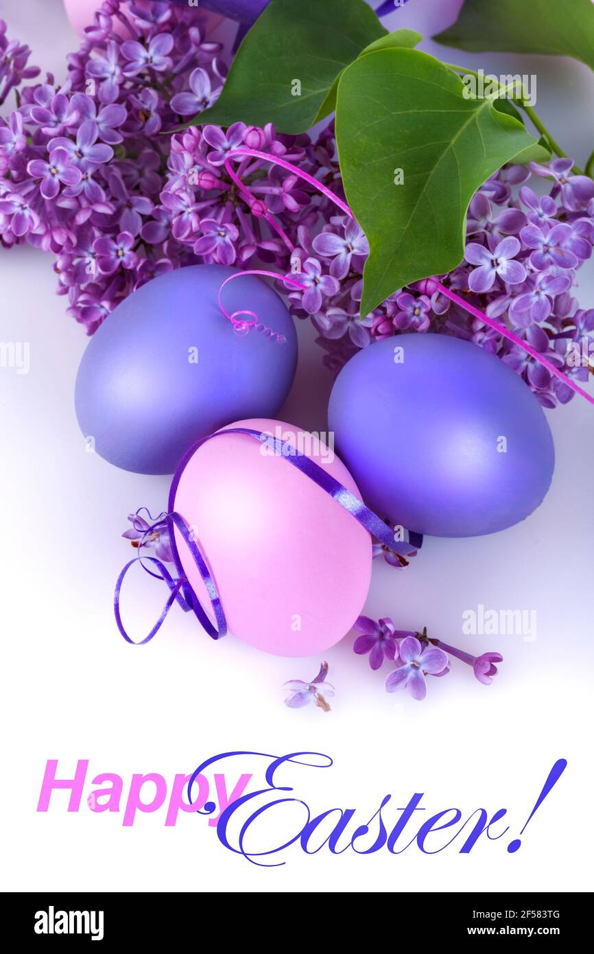 Colorfully Easter eggs with lilac flowers on a white background Stock Photo