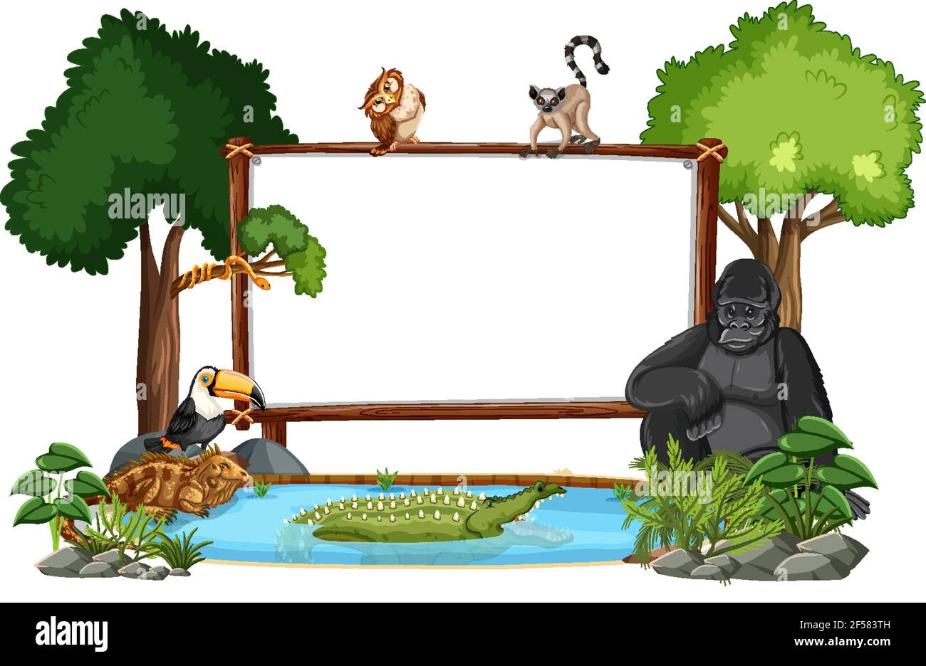 Empty banner with wild animals and rainforest trees on white background ...