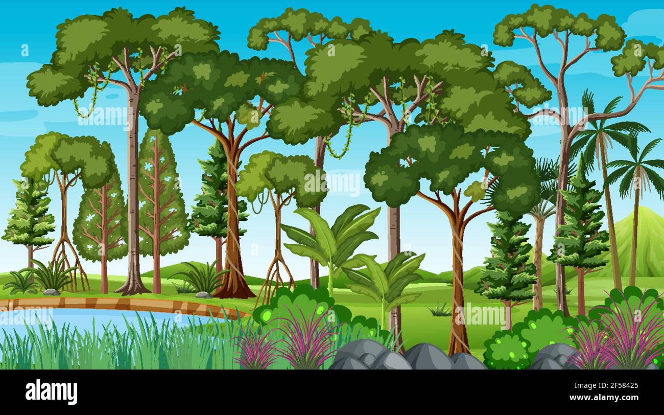 Forest scene with pond and many trees illustration Stock Vector Image ...