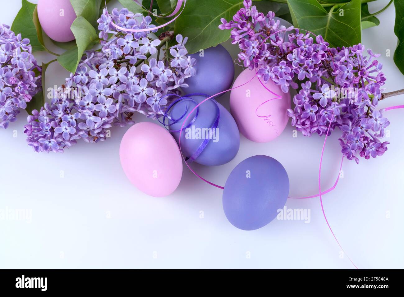 Colorfully Easter eggs with lilac flowers on a white background Stock Photo