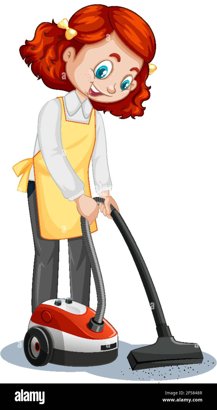 Maid cartoon character wearing uniform using vacuum cleaner ...