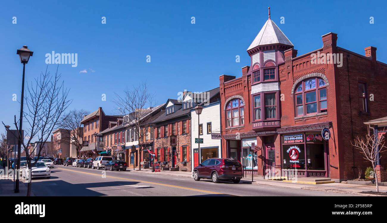Buildings along York Street in the business district, Gettysburg, Pennsylvania, USA Stock Photo