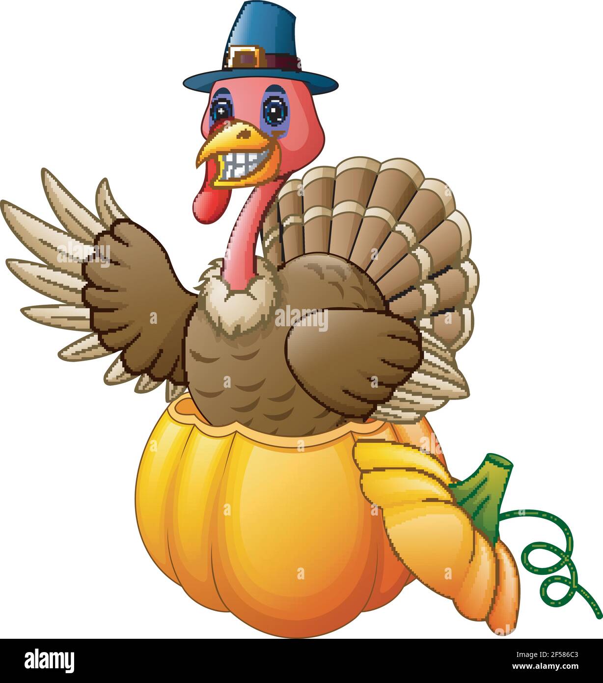 Vector illustration of Cartoon turkey with pilgrim hat in the pumpkin ...