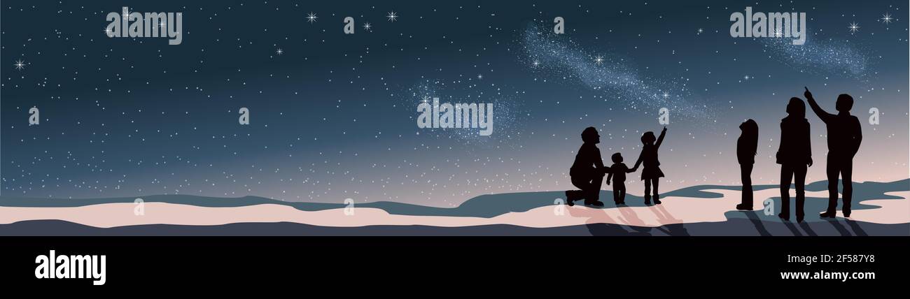 Banner stargazing looking at dark night sky stars. A group of people family and friends with man woman and children with telescope in silhouette. Look Stock Vector