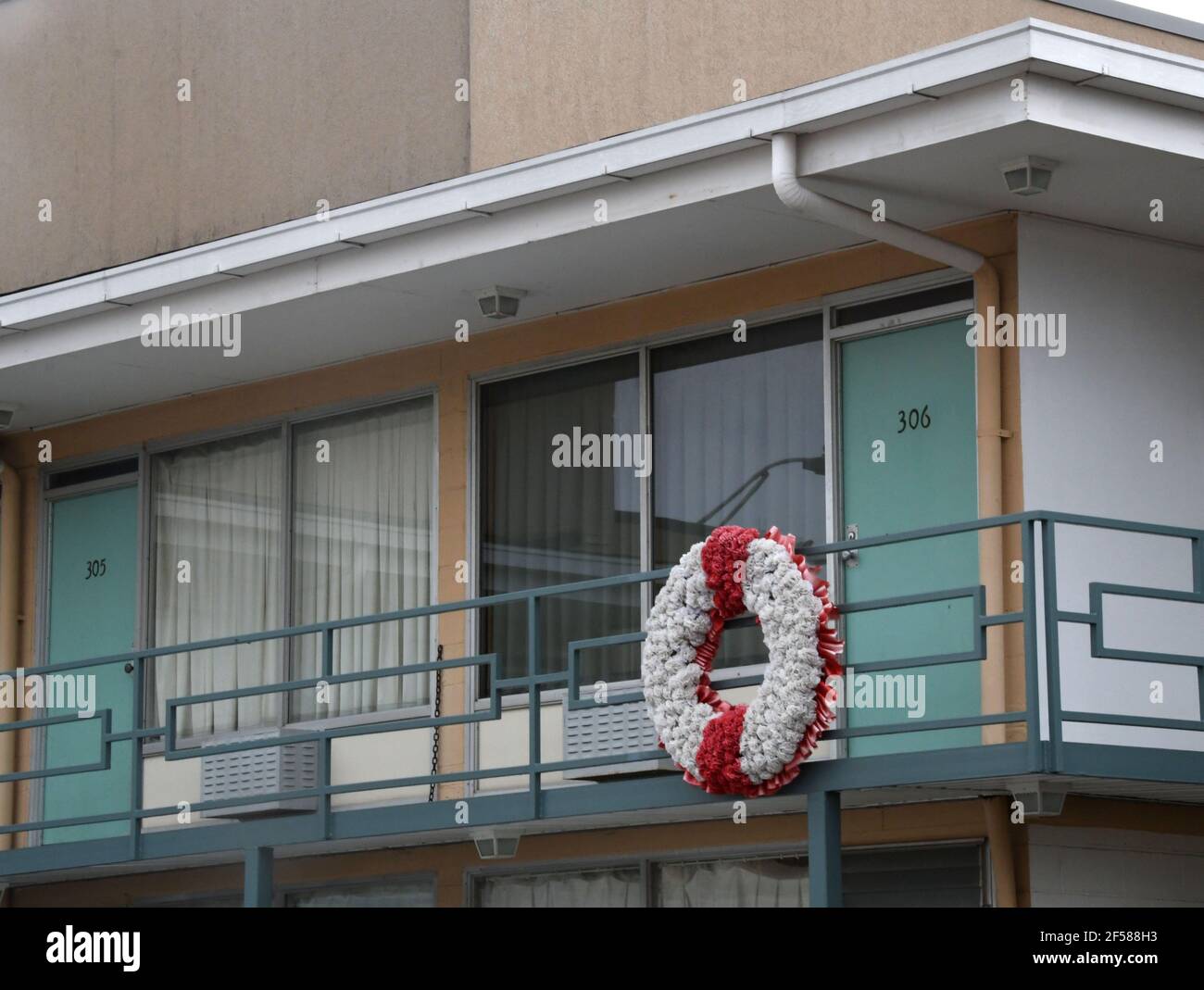 Memphis, Tennessee, USA. 17th Mar, 2021. A wreath marks the spot where Dr. Martin Luther King Jr. was assassinated at the Lorraine Motel in Memphis, Tennessee on April 4, 1968, The scene was photographed March 17, 2021. The National Civil Rights Museum has been built into the motel. (Credit Image: © Mark HertzbergZUMA Wire) Stock Photo