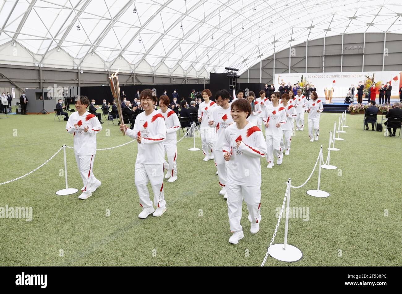 Fukishima Japan 25th Mar 21 Members Of The 11 Women S World Cup Winning Japan Soccer Team Run At The Start Of The Tokyo Olympic Torch Relay At The J Village Soccer Training Center In Fukishima Japan 25th Mar 21 Members Of The 11 Women S World Cup Winning Japan Soccer Team Run At The Start Of The Tokyo Olympic Torch Relay At The J Village Soccer Training Center In