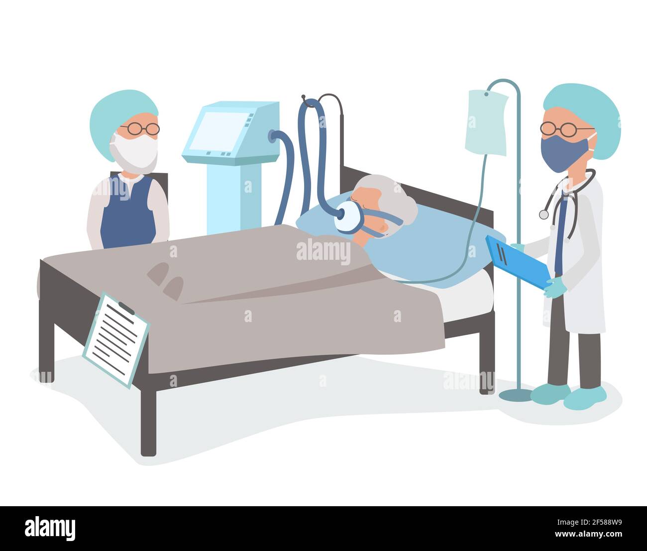 Elderly woman on breathing apparatus in hospital bed with Coronavirus covid19 virus. Old Husband and senior doctor are with her. Stock Vector