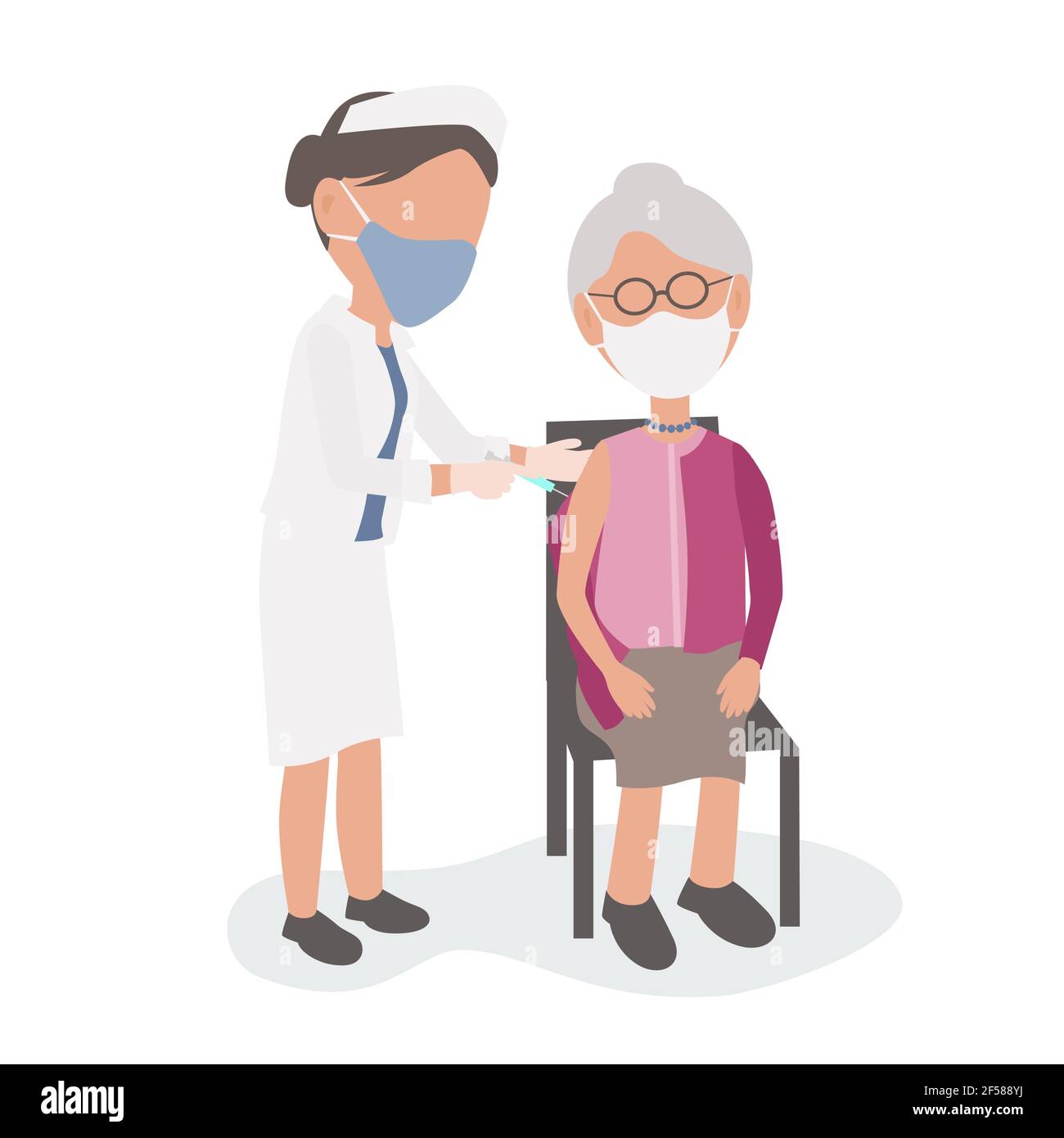 Doctor or nurse with syringe vaccinate an elderly old woman who is sitting in a chair wearing PPE masks. Coronavirus vaccine. Stock Vector