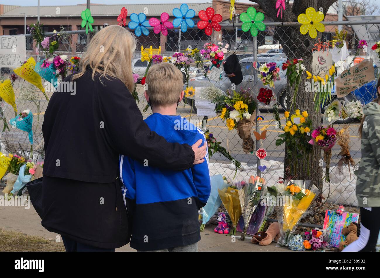 Ten people at King Soopers grocery in Boulder CO were killed by a single gunman, March 22, 2021. Much grief was expressed at this memorial fence. Stock Photo