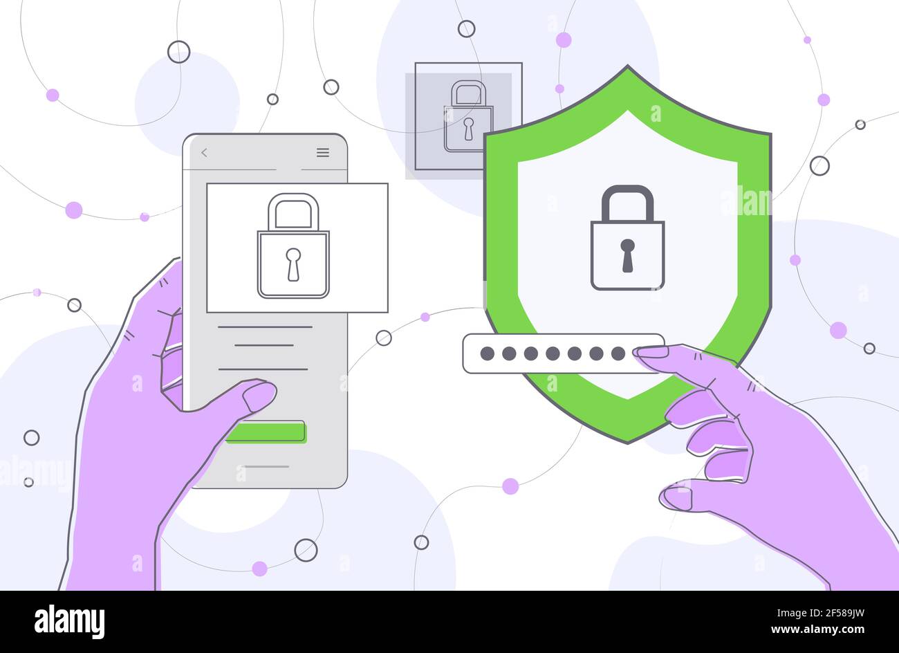 hands entering passcode on smartphone with protection shield mobile account locked privacy security protection Stock Vector