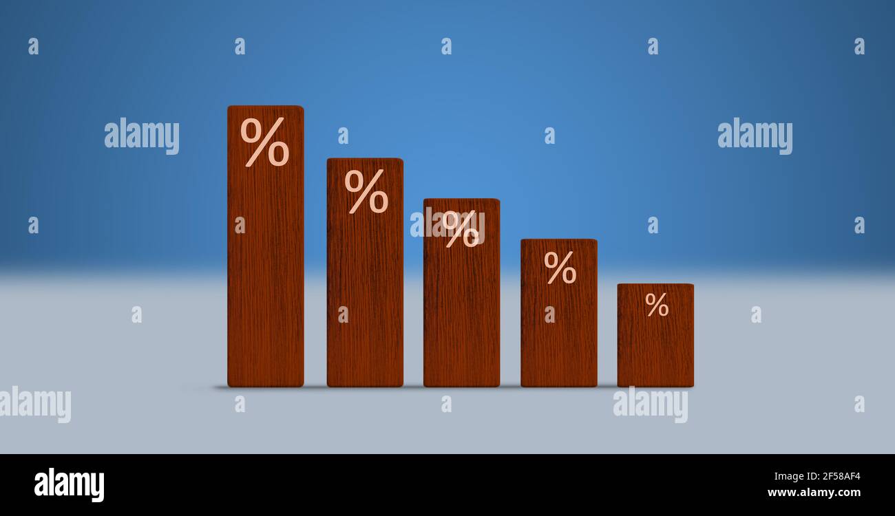 Interest Financial rates and price discounts concept. icon percentage symbol and sign percent in wood block chart bar. horizontal background Stock Photo