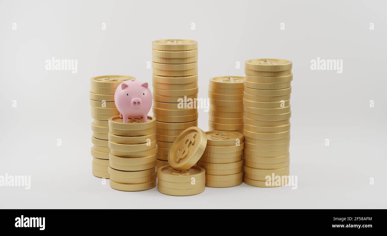 Pink piggy bank and golden coins stack on white background. Saving ...