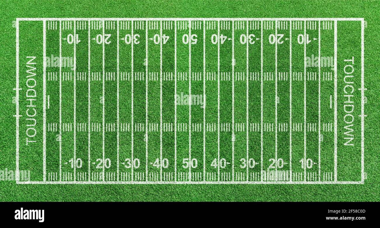 American football field, stripe grass with white pattern lines. Top view Stock Photo