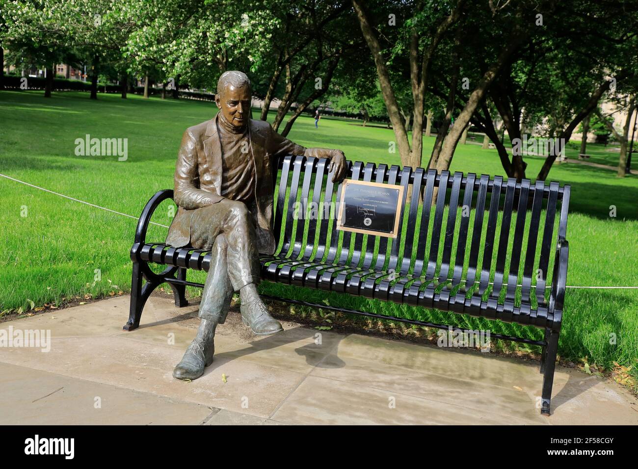 The memoria bench and statue of Organ transplantation expert Thomas Earl Starzl inside the campus of University of Pittsburgh.Pittsburgh.Pennsylvania.USA Stock Photo