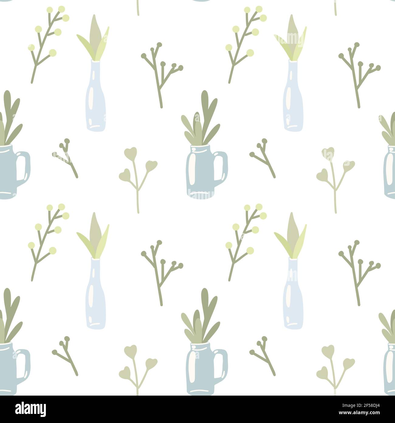 Delicate spring pattern with herbs and plants in glass vases on white
