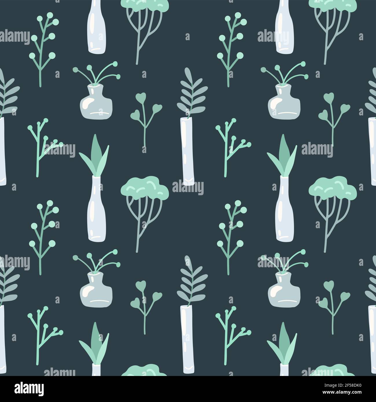 Delicate spring pattern with herbs and plants in glass vases on a dark