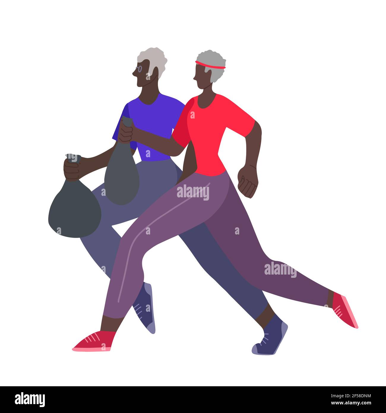 Plogging. Environmental movement. Healthy lifestyle. Old african family couple jogging with a garbage bags. Healthy old age. Physical activity and car Stock Vector