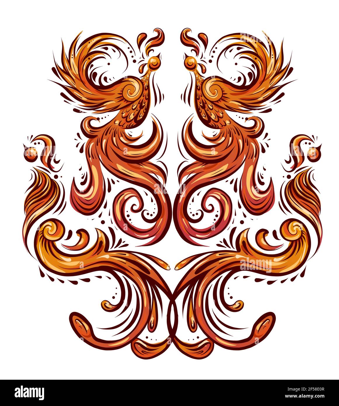 Colorful bird pattern with curled tails and wings. Symmetrical decoration in orange color. Vintage curled animal ornament. Phoenixes and peacocks. Vec Stock Vector