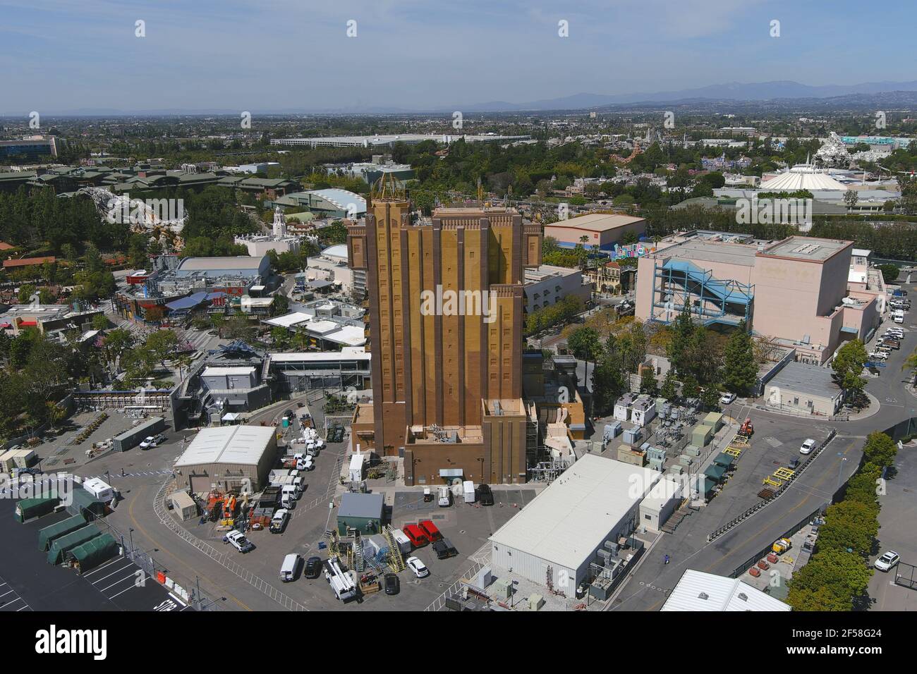 An aerial view of the Tower of Terror at Disney California Adventure Park, Wednesday, March 24, 2021, in Anaheim, Calif. Stock Photo