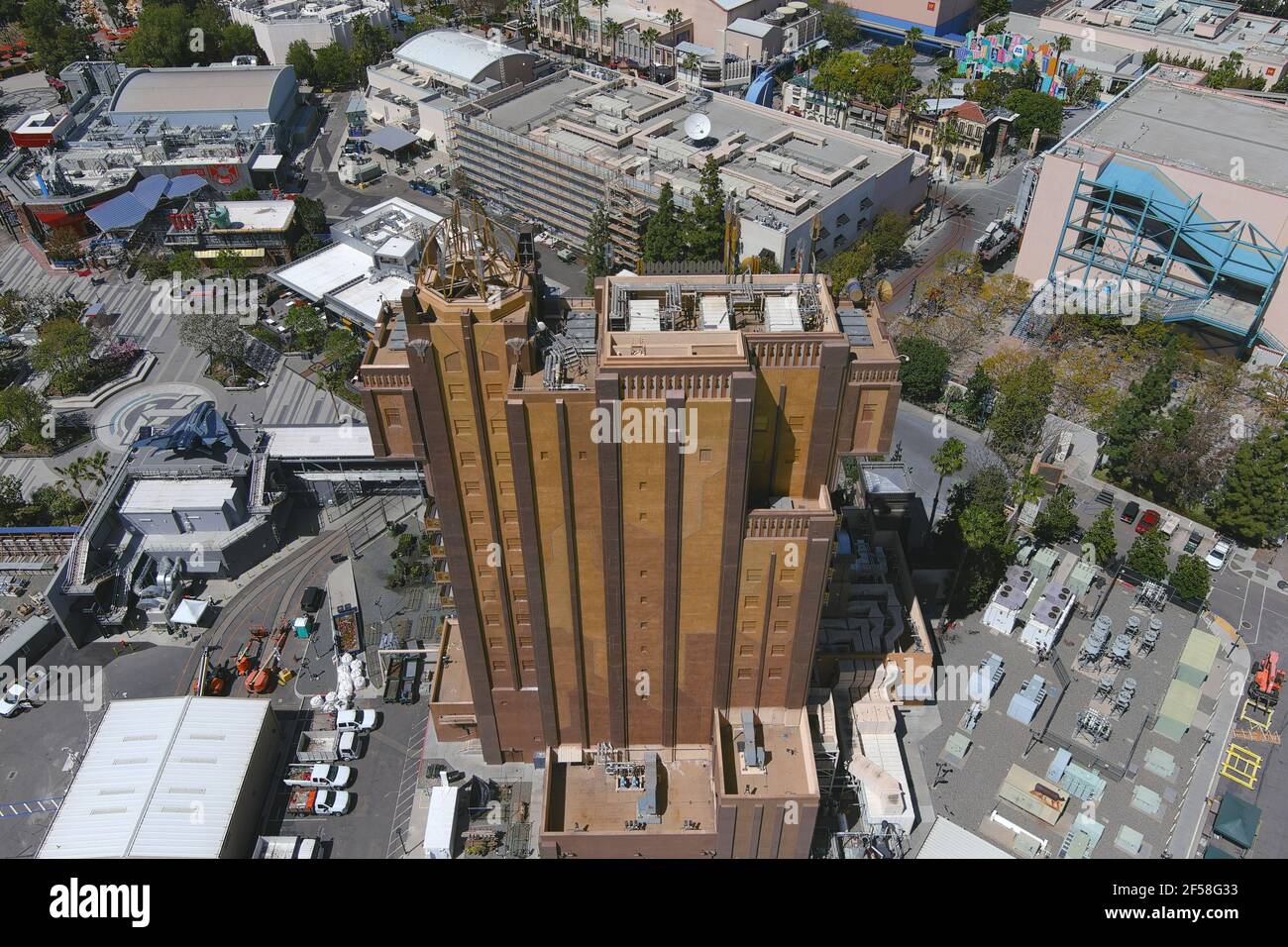 An aerial view of the Tower of Terror at Disney California Adventure Park, Wednesday, March 24, 2021, in Anaheim, Calif. Stock Photo