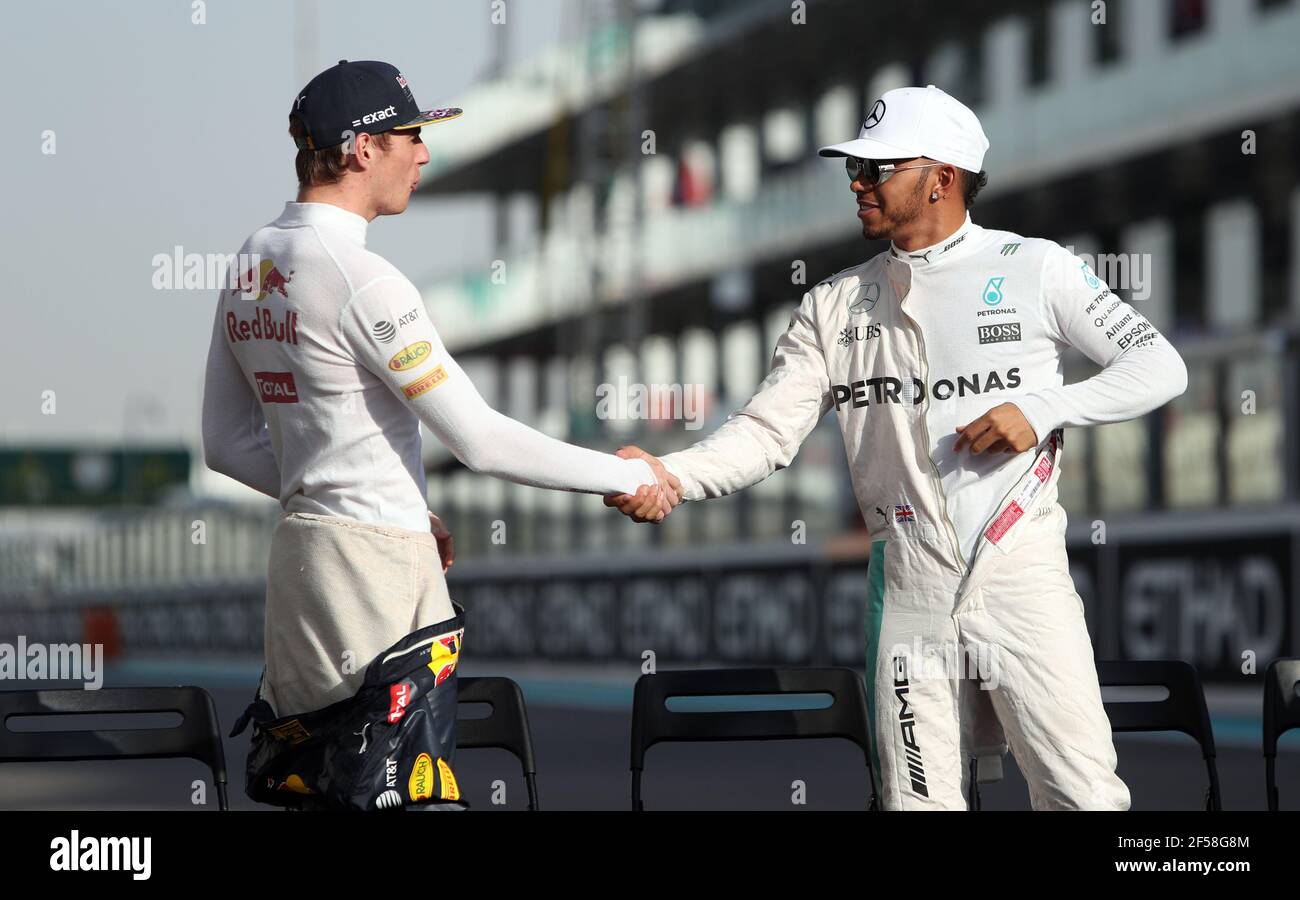 File photo 27-11-2016 of Lewis Hamilton and Max Verstappen during Abu Dhabi Grand Prix at the Yas Marina Circuit, Abu Dhabi. Issue date: Thursday March 2021 Photo - Alamy