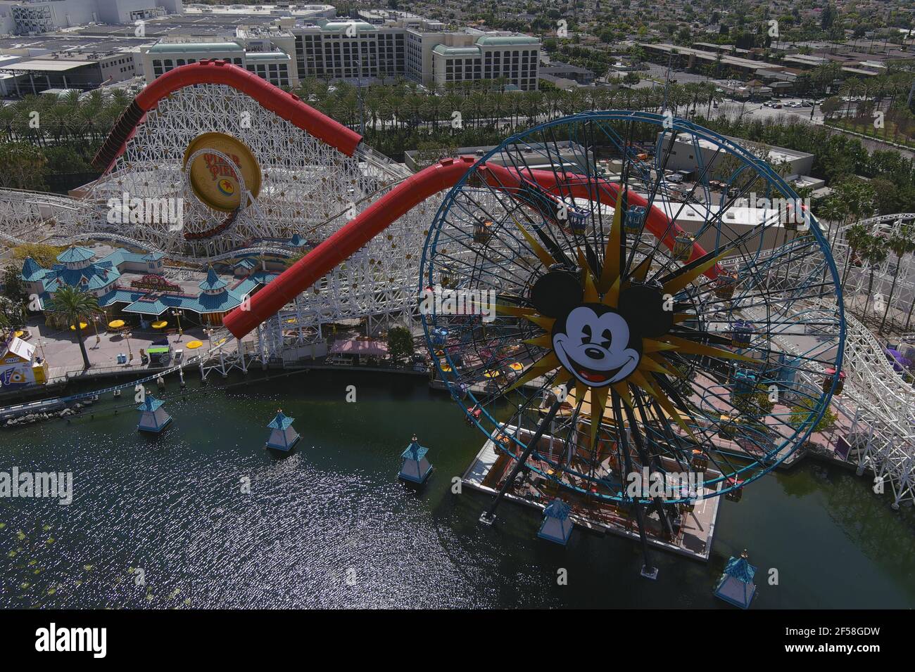 An aerial view of Mickey's Fun Wheel and the Indricoaster roller coaster ride at Disney California Adventure Park, Wednesday, March 24, 2021, in Anahe Stock Photo