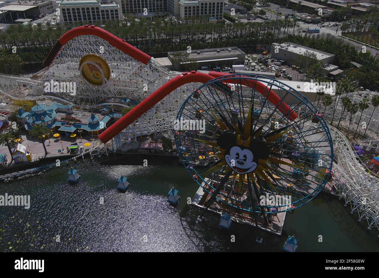 An aerial view of Mickey's Fun Wheel and the Indricoaster roller coaster ride at Disney California Adventure Park, Wednesday, March 24, 2021, in Anahe Stock Photo