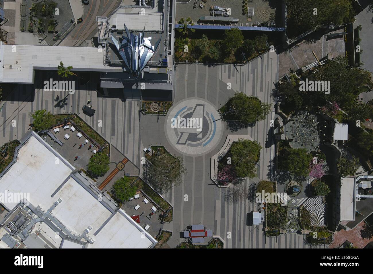 An aerial view of Avengers logo at Disney California Adventure Park, Wednesday, March 24, 2021, in Anaheim, Calif. Stock Photo