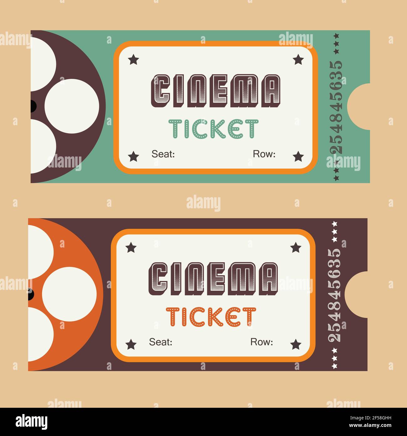 Vintage cinema or movie tickets template with cine-film on blue
