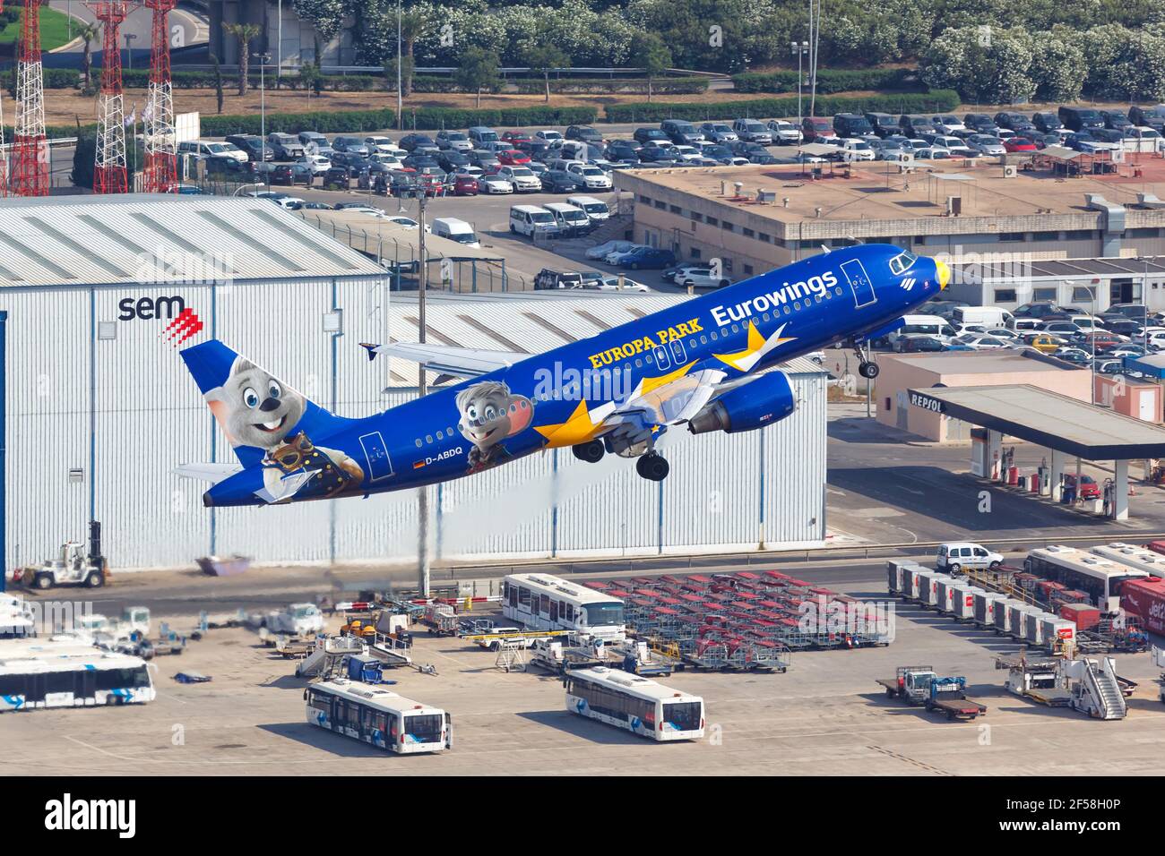 Palma de Mallorca, Spain - July 21, 2018: Aerial photo of a Eurowings Airbus A320 airplane in the Europa Park livery taking off at Palma de Mallorca a Stock Photo