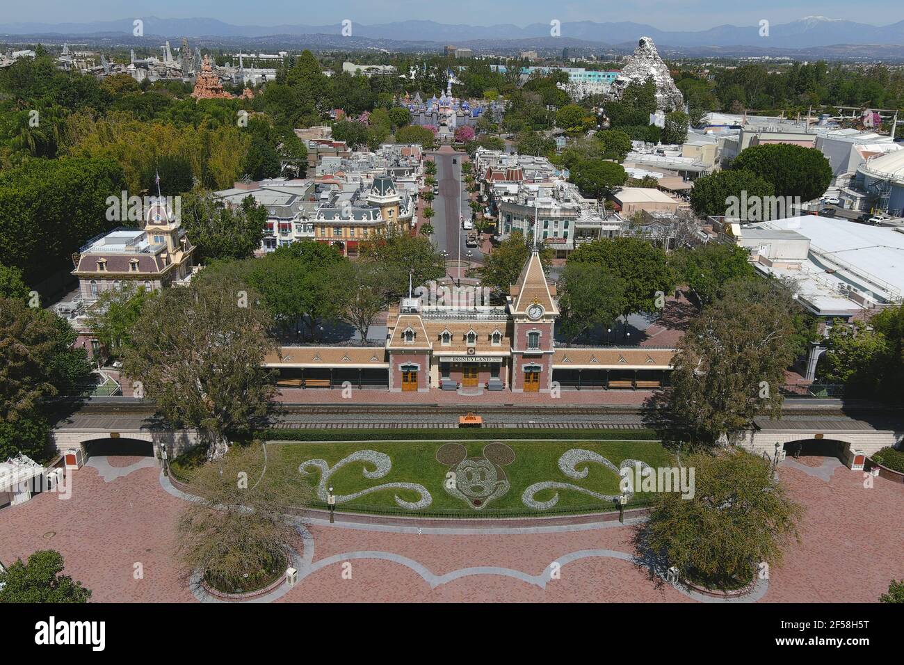 An aerial view of the Main Street U.S.A.Train Station at the entrance to Disneyland Park, Wednesday, March 24, 2021, in Anaheim, Calif. Stock Photo