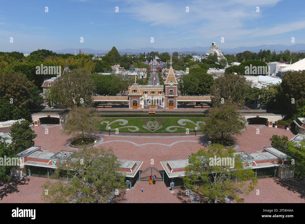 An aerial view of the Main Street U.S.A.Train Station at the entrance to Disneyland Park, Wednesday, March 24, 2021, in Anaheim, Calif. Stock Photo