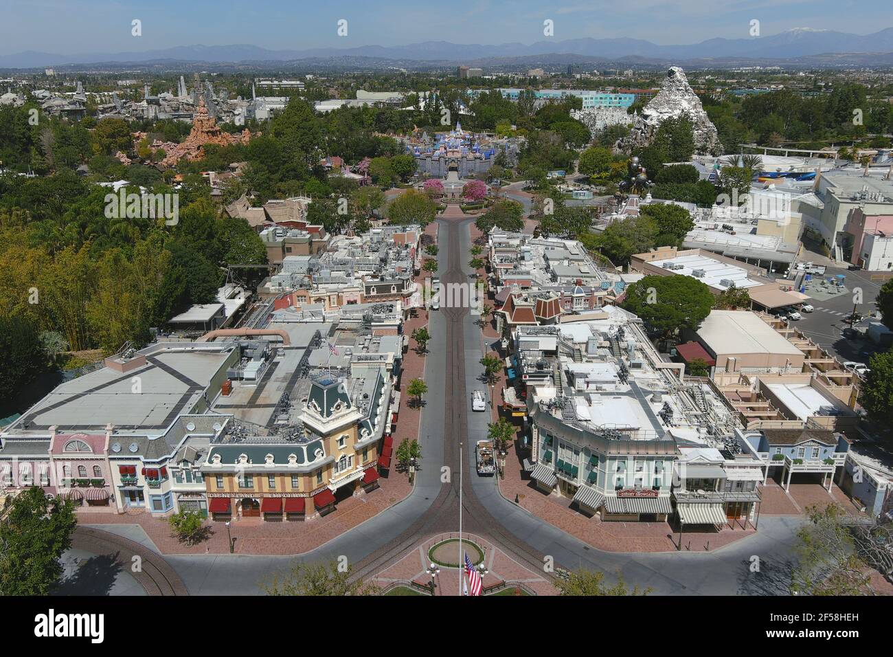 An aerial view of Main Street U.S.A.and Sleeping Beauty Castle at Disneyland Park, Wednesday, March 24, 2021, in Anaheim, Calif. Stock Photo
