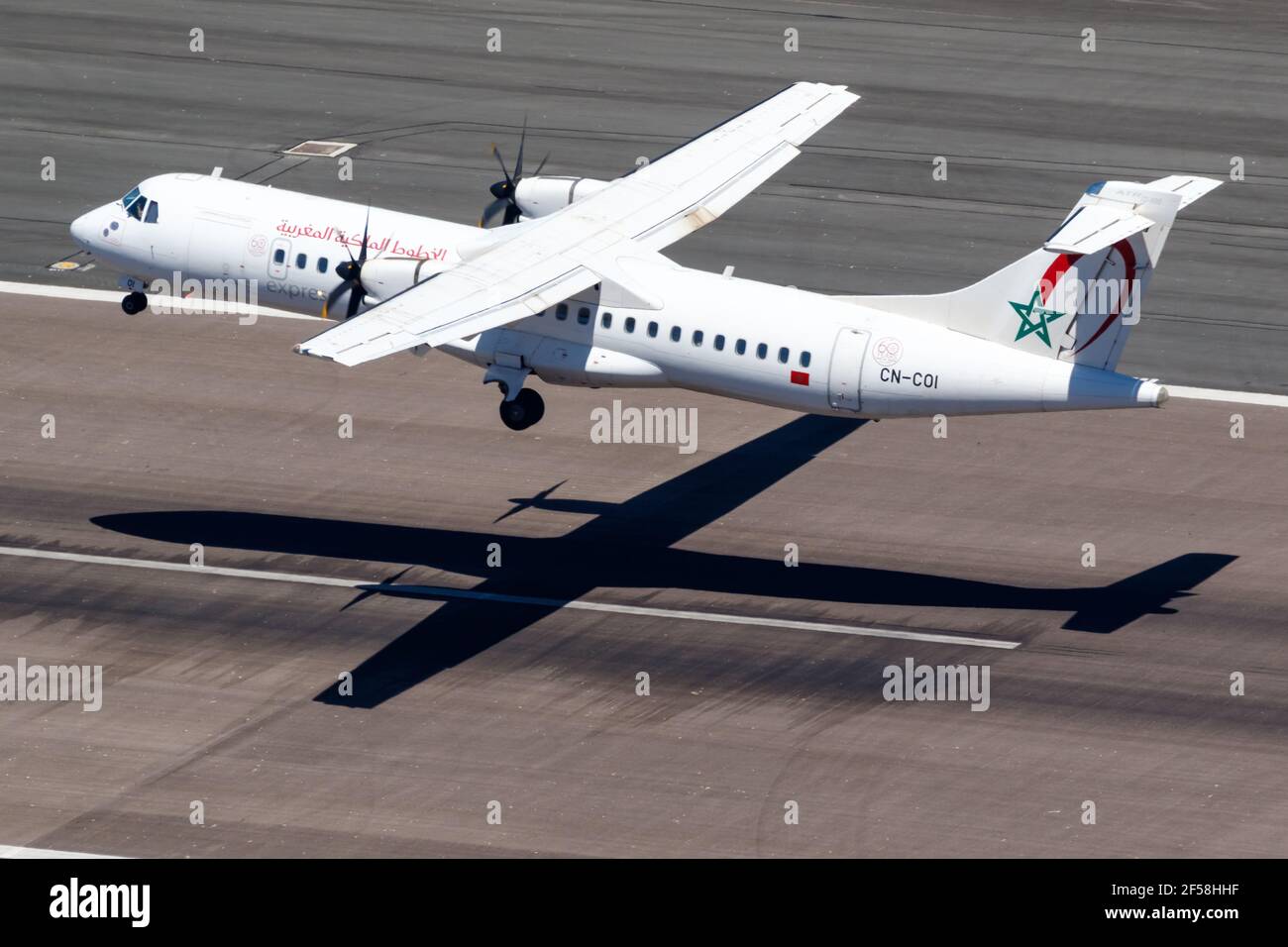 Gibraltar - July 29, 2018: Royal Air Maroc Express ATR 72 airplane at Gibraltar airport. Stock Photo