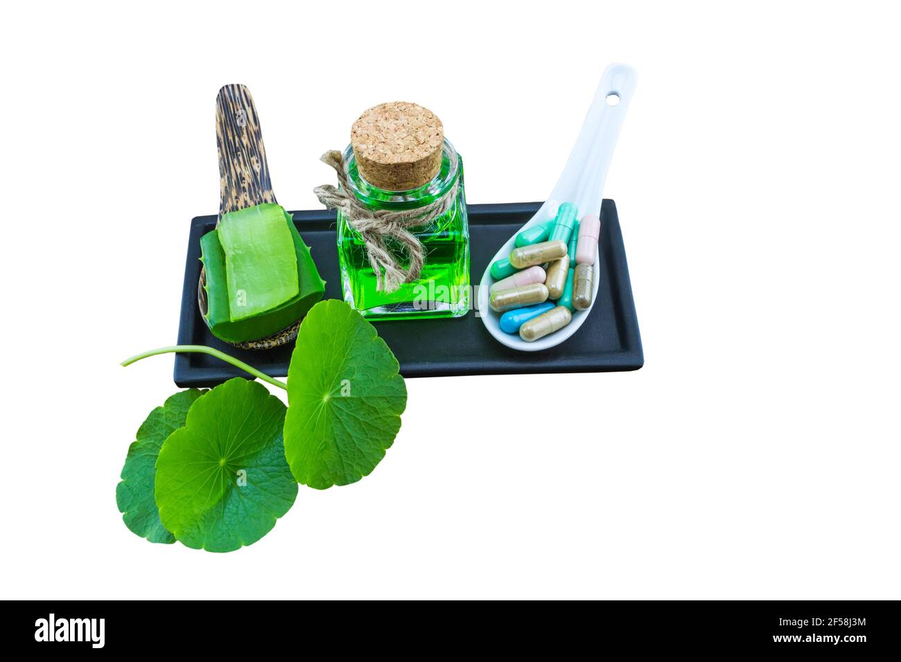 Spa herbal (pill,Aloe vera essential oil and gel,Green Asiatic Pennywort ) isolated on white background.Saved with clipping path. Stock Photo