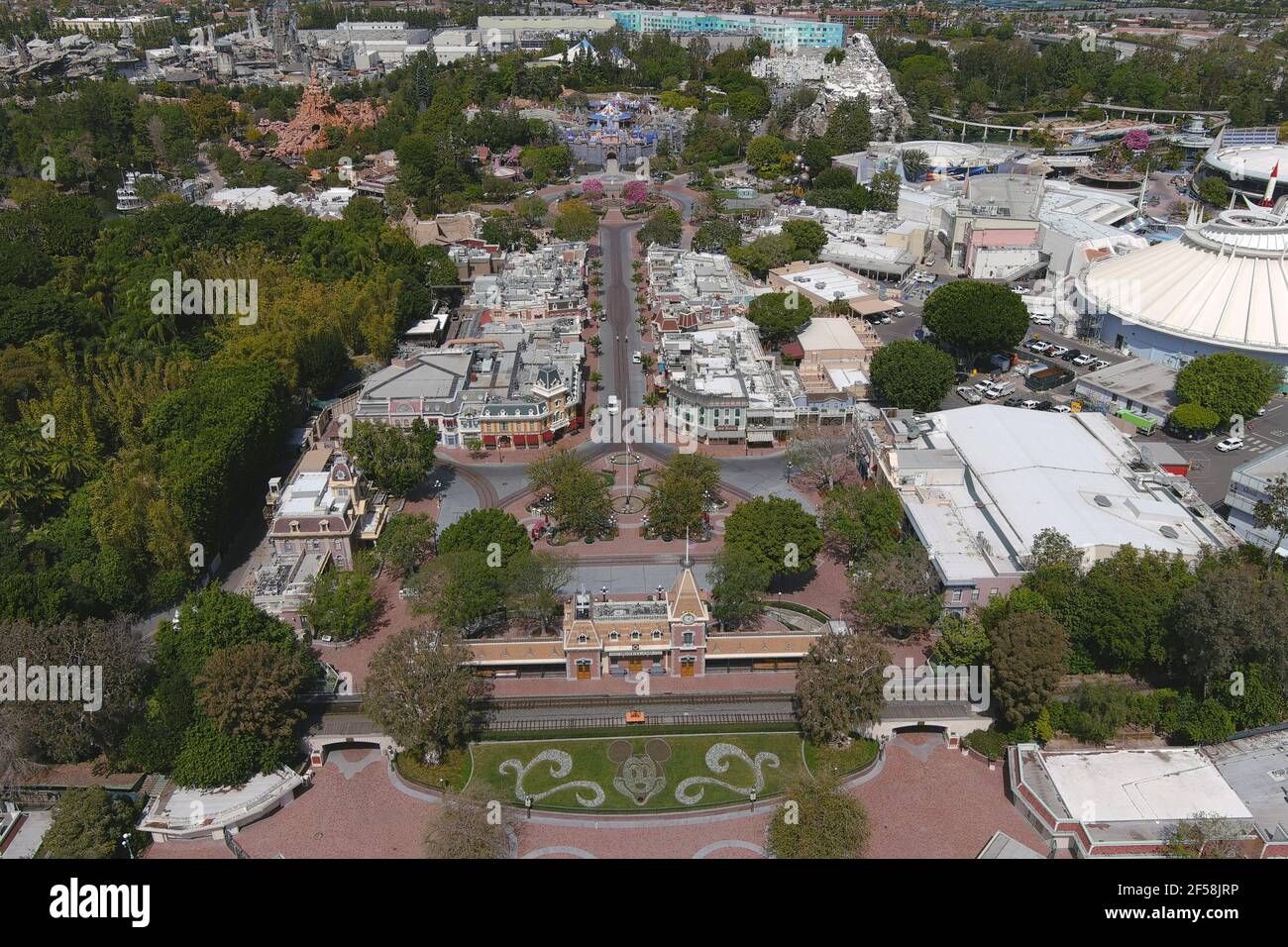 An aerial view of the Main Street U.S.A.Train Station at the entrance