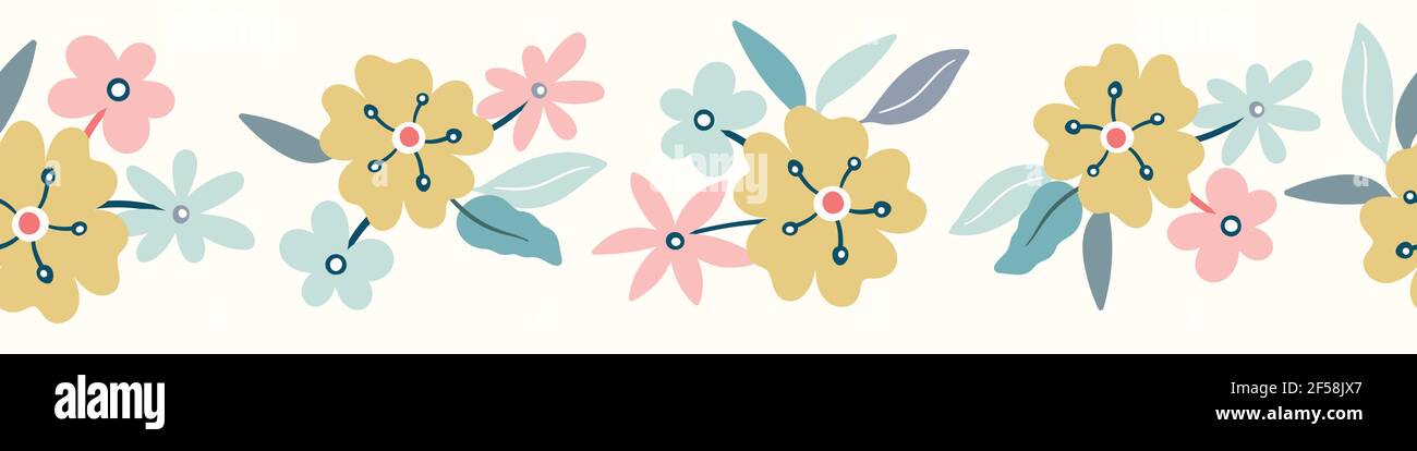 Floral border pattern design. Cute vector seamless repeat of flowers ...