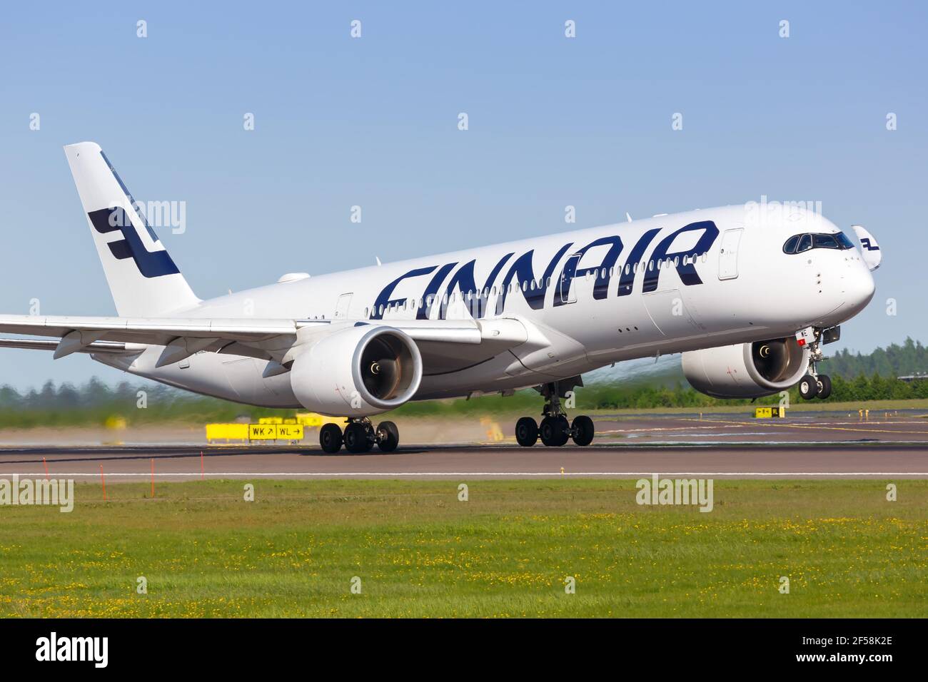 Helsinki, Finland - May 25, 2018: Finnair Airbus A350 airplane taking off at Helsinki airport. Airbus is a European aircraft manufacturer based in Tou Stock Photo