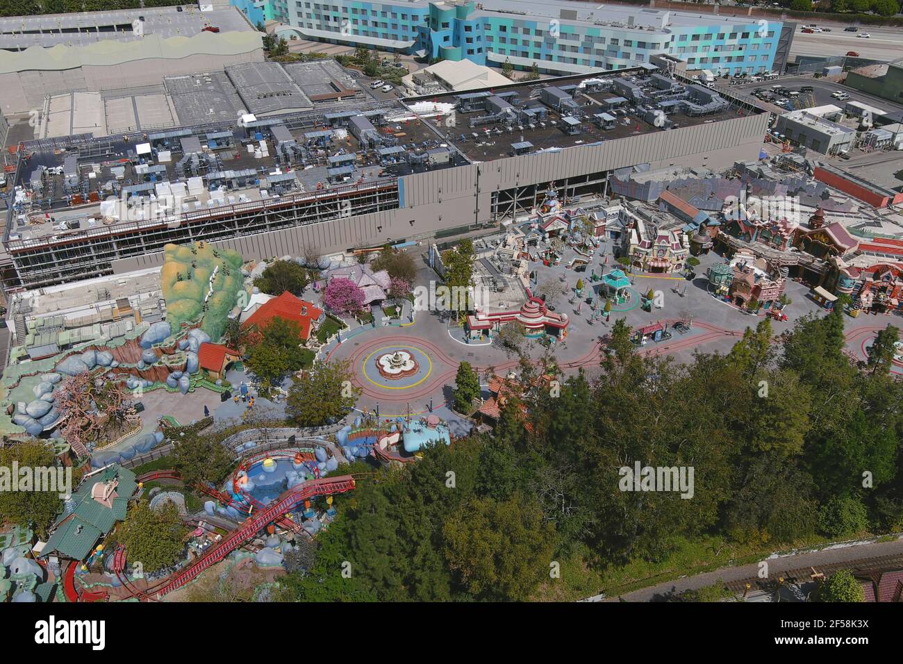 An aerial view of Mickey's Toontown at Disneyland Park, Wednesday, March 24, 2021, in Anaheim, Calif. Stock Photo