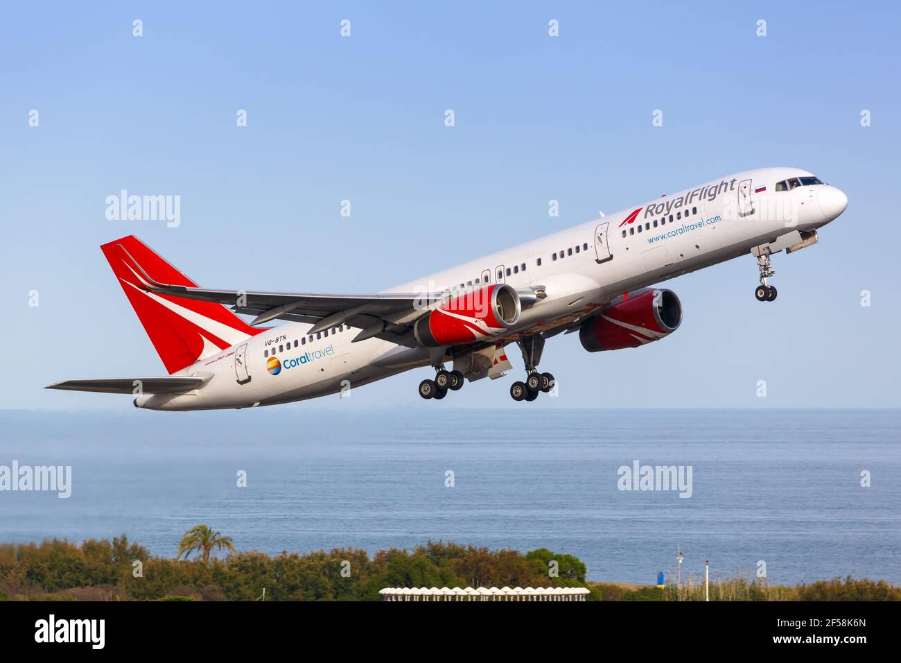 Barcelona, Spain - June 9, 2018: Royal Flight Boeing 757 airplane taking off at Barcelona airport in Spain. Boeing is an American aircraft manufacture Stock Photo