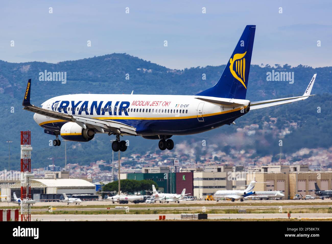 Barcelona, Spain June 9, 2018 Ryanair Boeing 737 airplane landing at Barcelona airport in