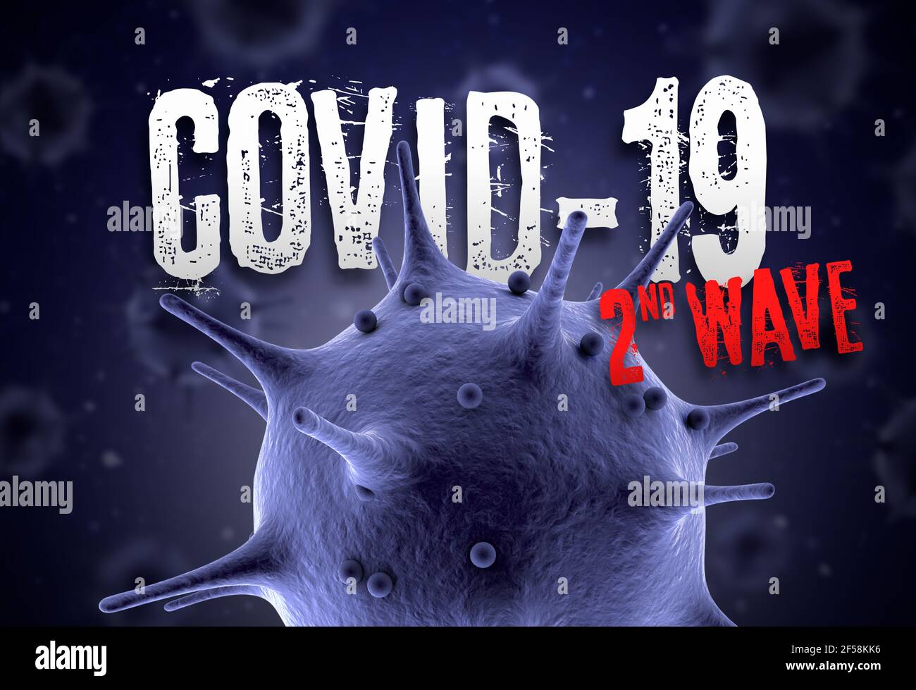 Coronavirus 3d render concept: Macro coronavirus cell and second wave text in fron of blurry virus cells floating on air. Second wave of coronavius. Stock Photo