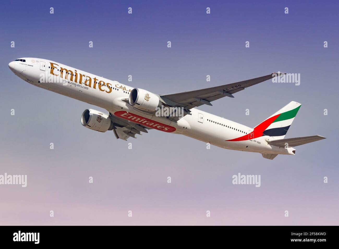 Dubai, United Arab Emirates – 21. February 2018: Emirates Boeing 777-300ER at Dubai International airport (DXB) in the United Arab Emirates. Boeing is Stock Photo