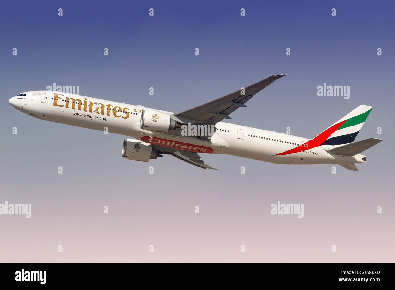 Dubai, United Arab Emirates – 21. February 2018: Emirates Boeing 777-300ER at Dubai International airport (DXB) in the United Arab Emirates. Boeing is Stock Photo